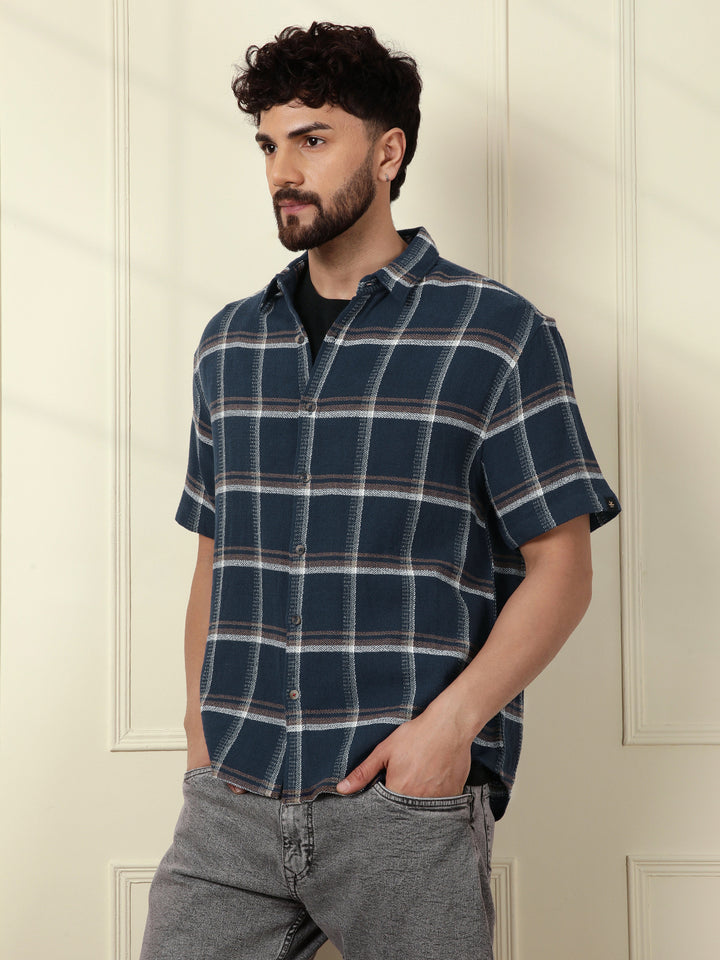 Checked Short Sleeve Textured Shirt | Navy Blue