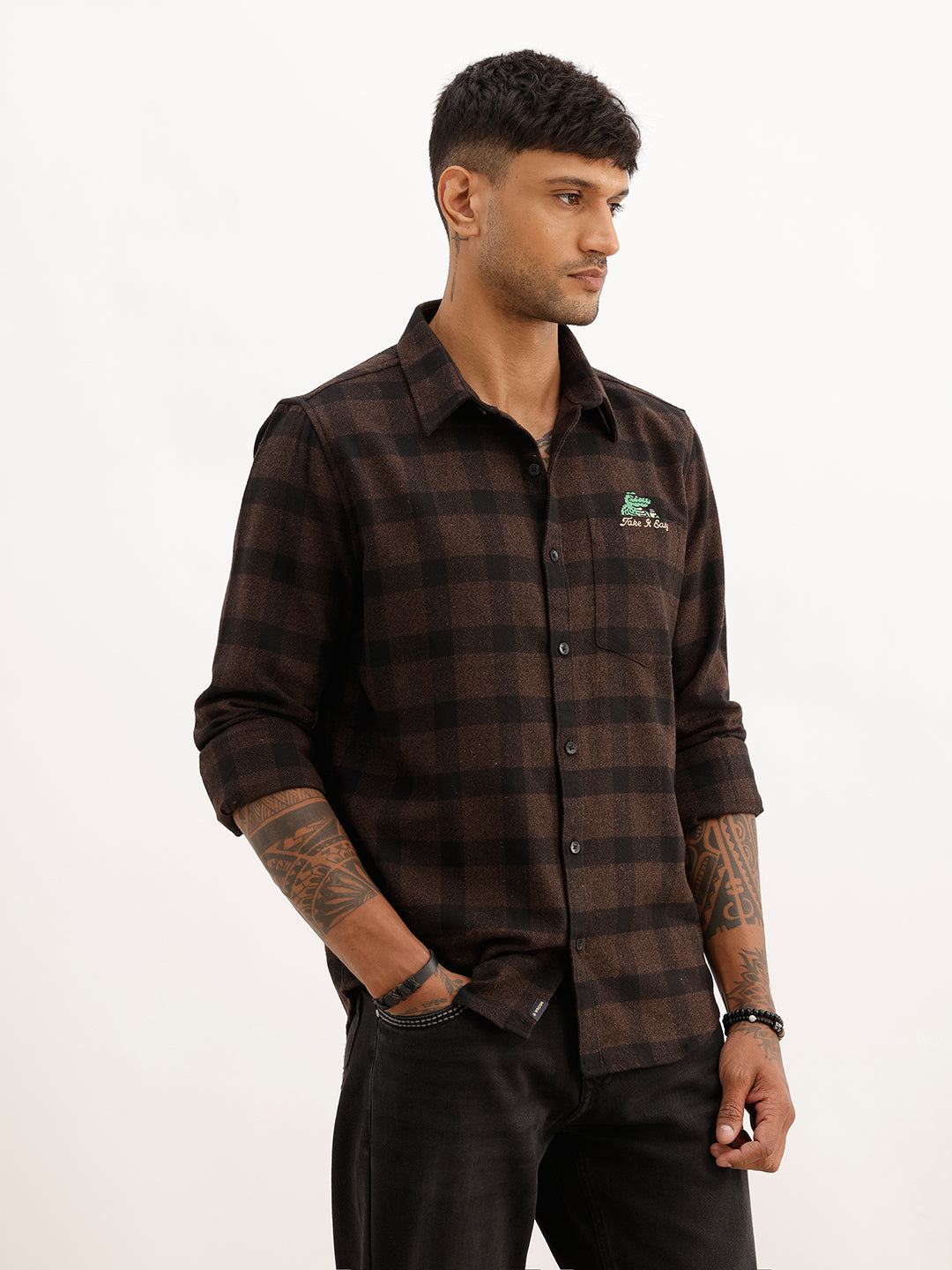 Slim Fit Flannel Embroidery Detail Shirt | Brown