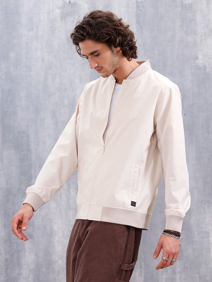 Men'S Solid Casual Bomber Jacket | Beige