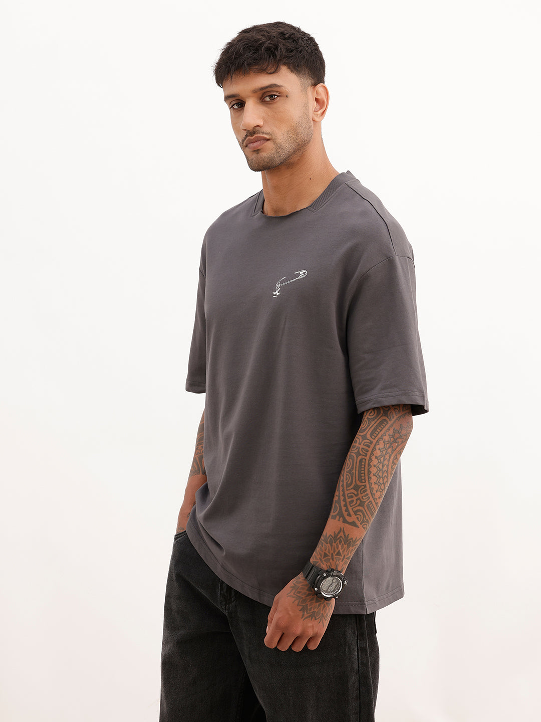 Oversized Placement Printed T-Shirt | Dark Grey | WTS02HSOS1055S