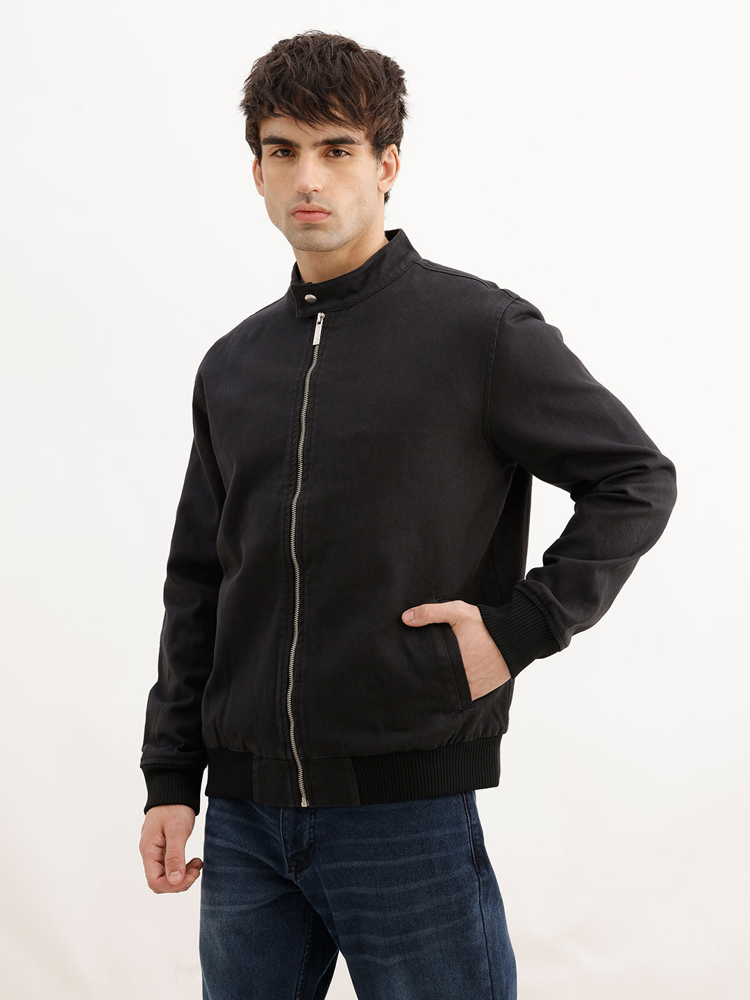 Solid Slim Fit Denim Jacket | Black | WNJK6339/NS