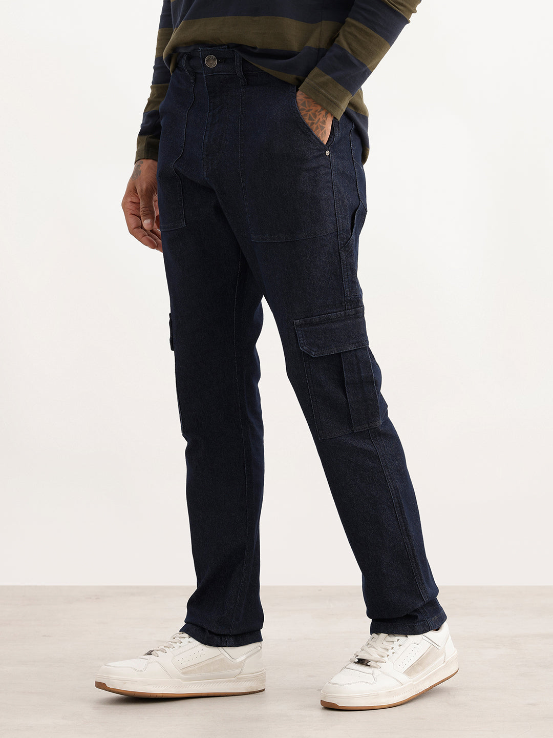 Solid Straight Fit Denim Cargo | Dark Blue