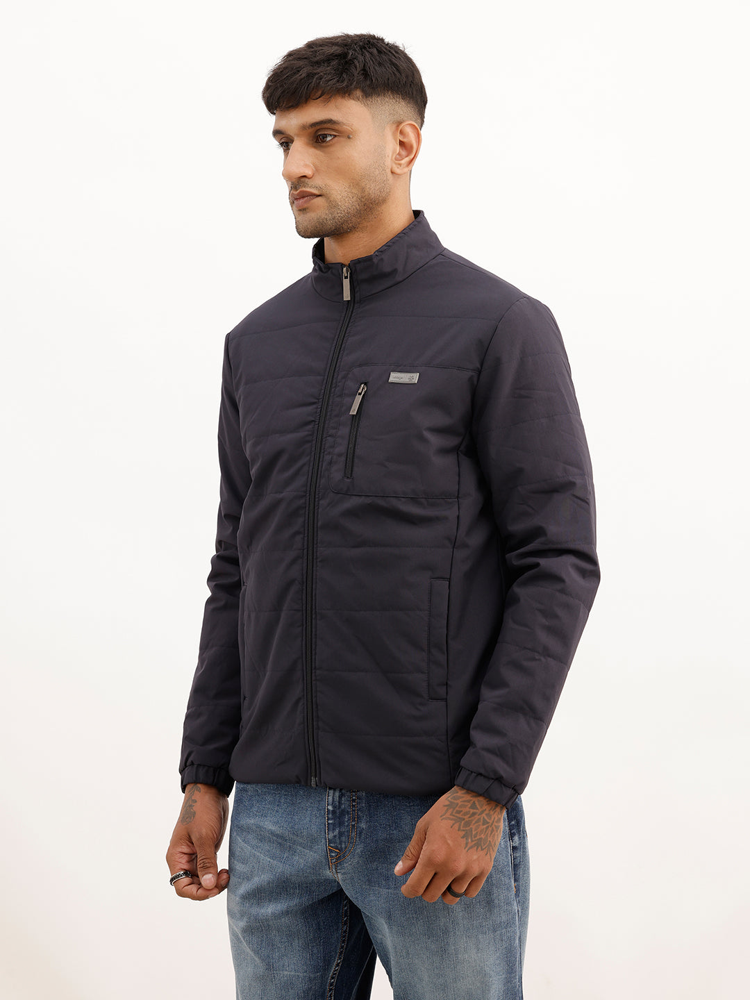 Solid Regular Fit Puffer Jacket | Navy Blue