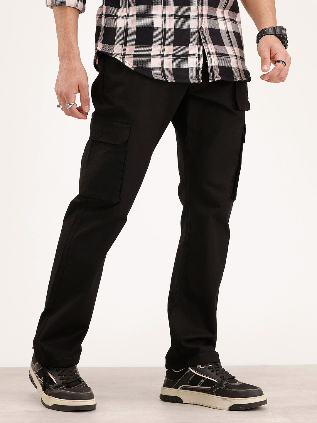 Straight Fit Textured Cargo Trouser | Black