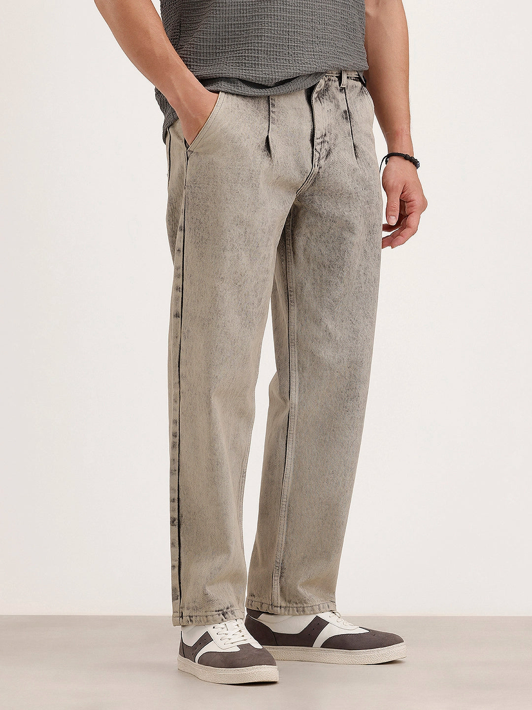 Loose Fit Pleated Denim Jeans | Grey