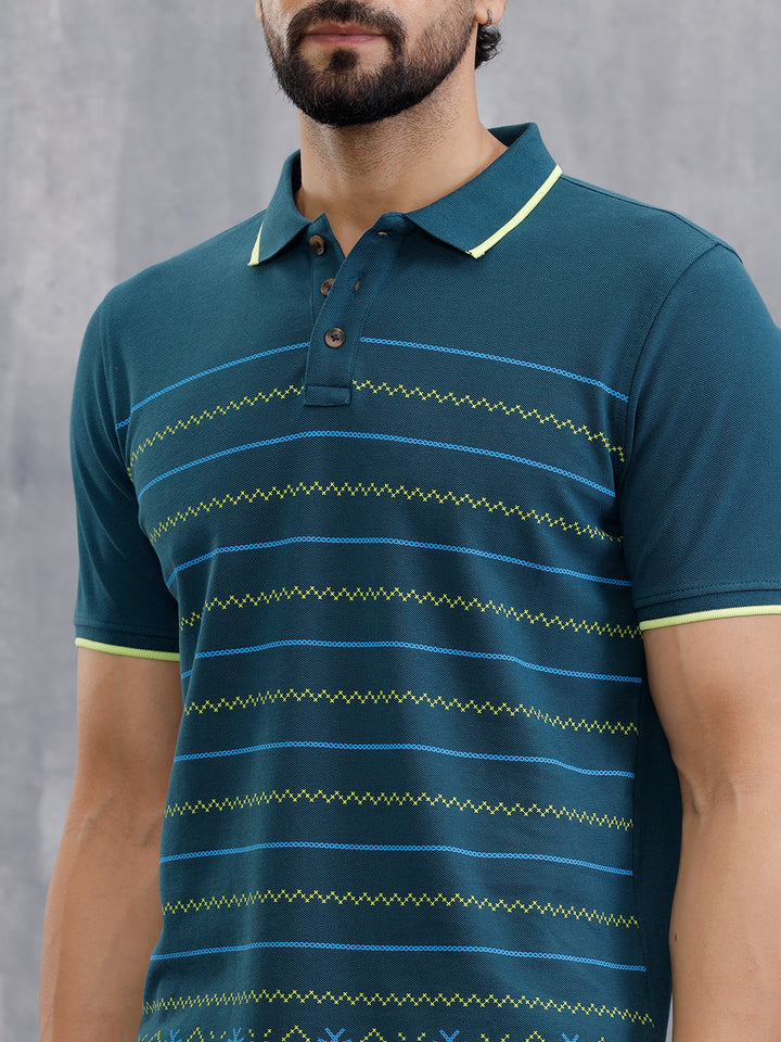 Embroidered Look Engineered Aop Polo T-Shirt  | Teal