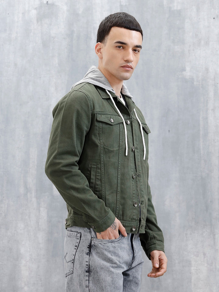 Wrogn Men's Casual Hooded Denim Jacket | Olive