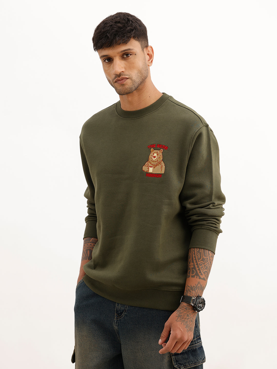 Comfort Fit Embroidered Patch Detail Sweatshirt | Olive