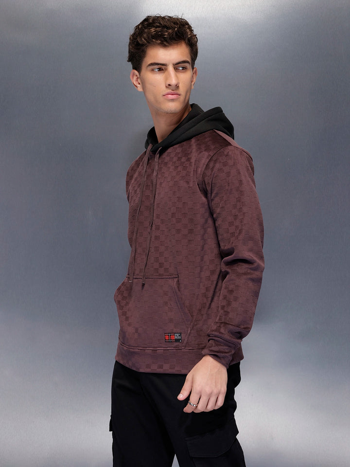 Velvet-finish Check-texture hoodie | Wine
