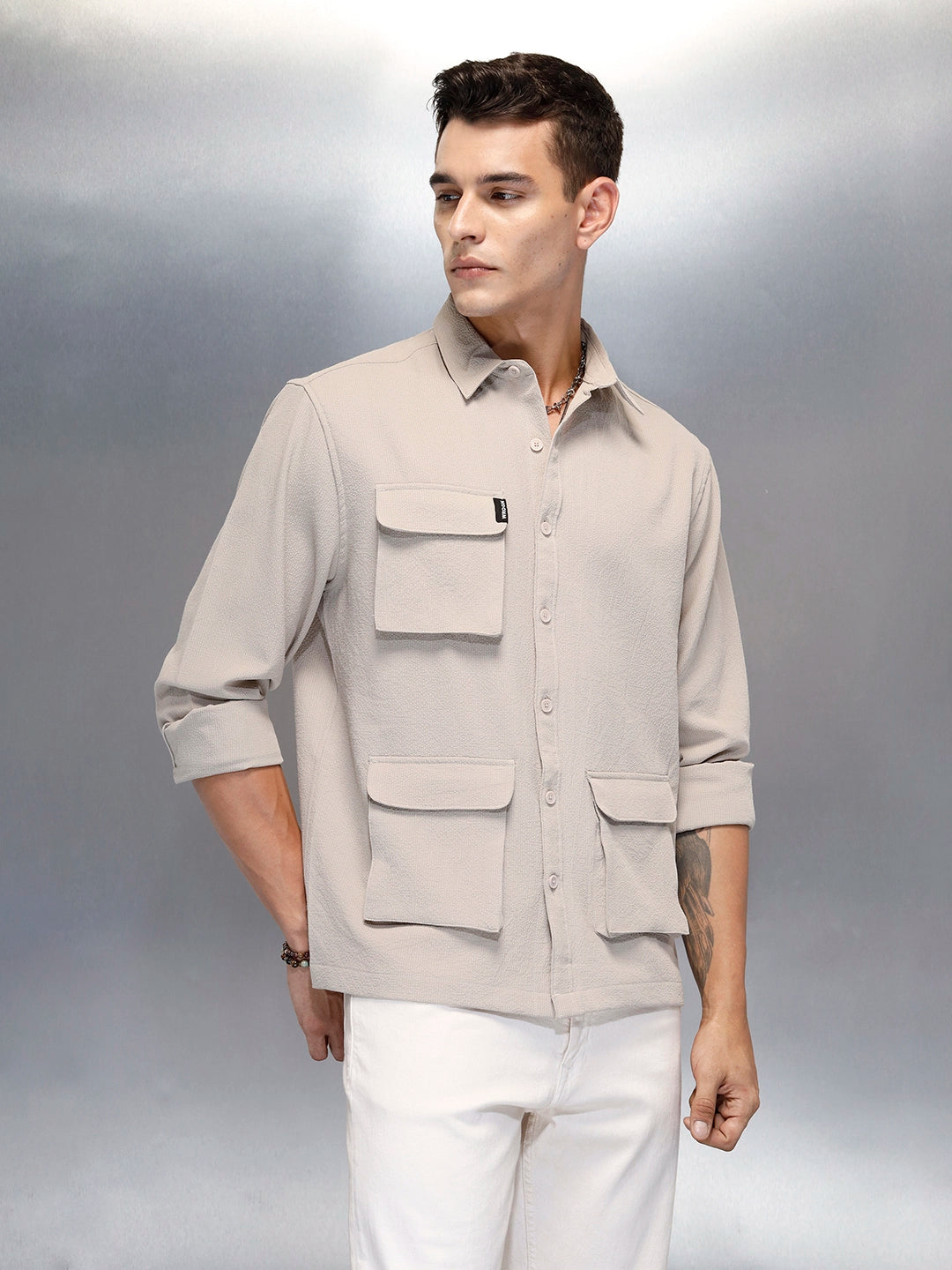 Men's Casual Comfort Fit Utility Pockets Shirt | Beige