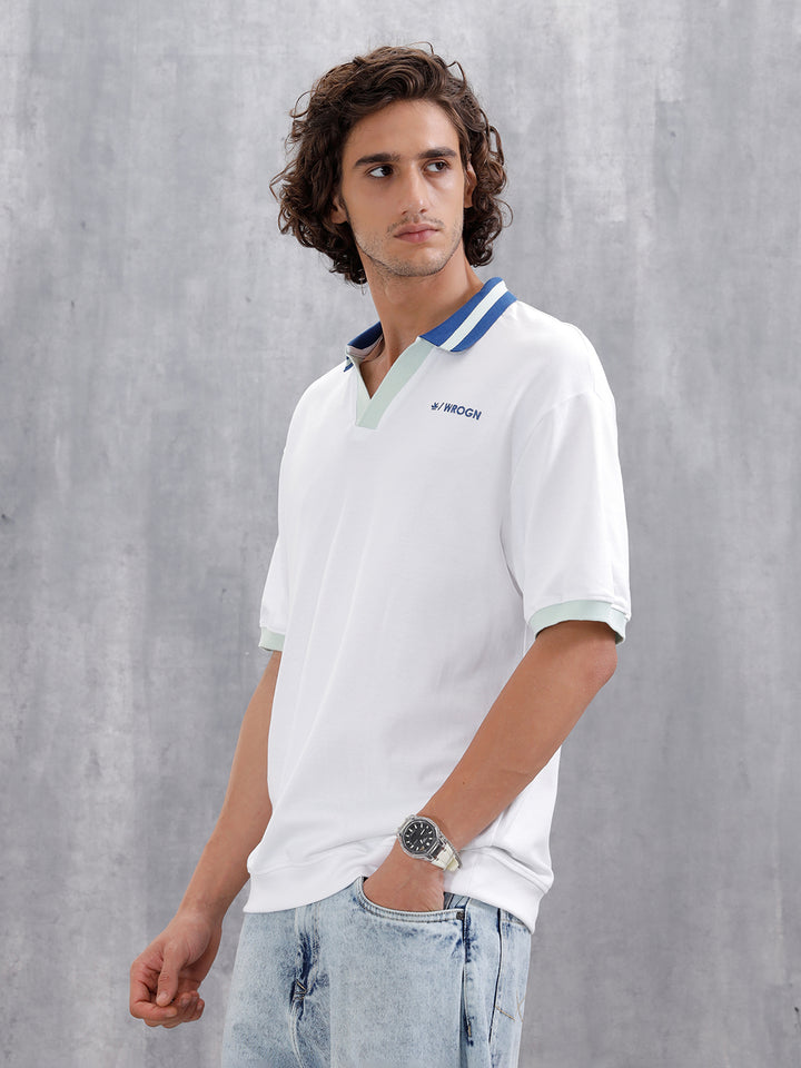 Oversized Johnny Collar Polo T-Shirt With Contrast Collar | White