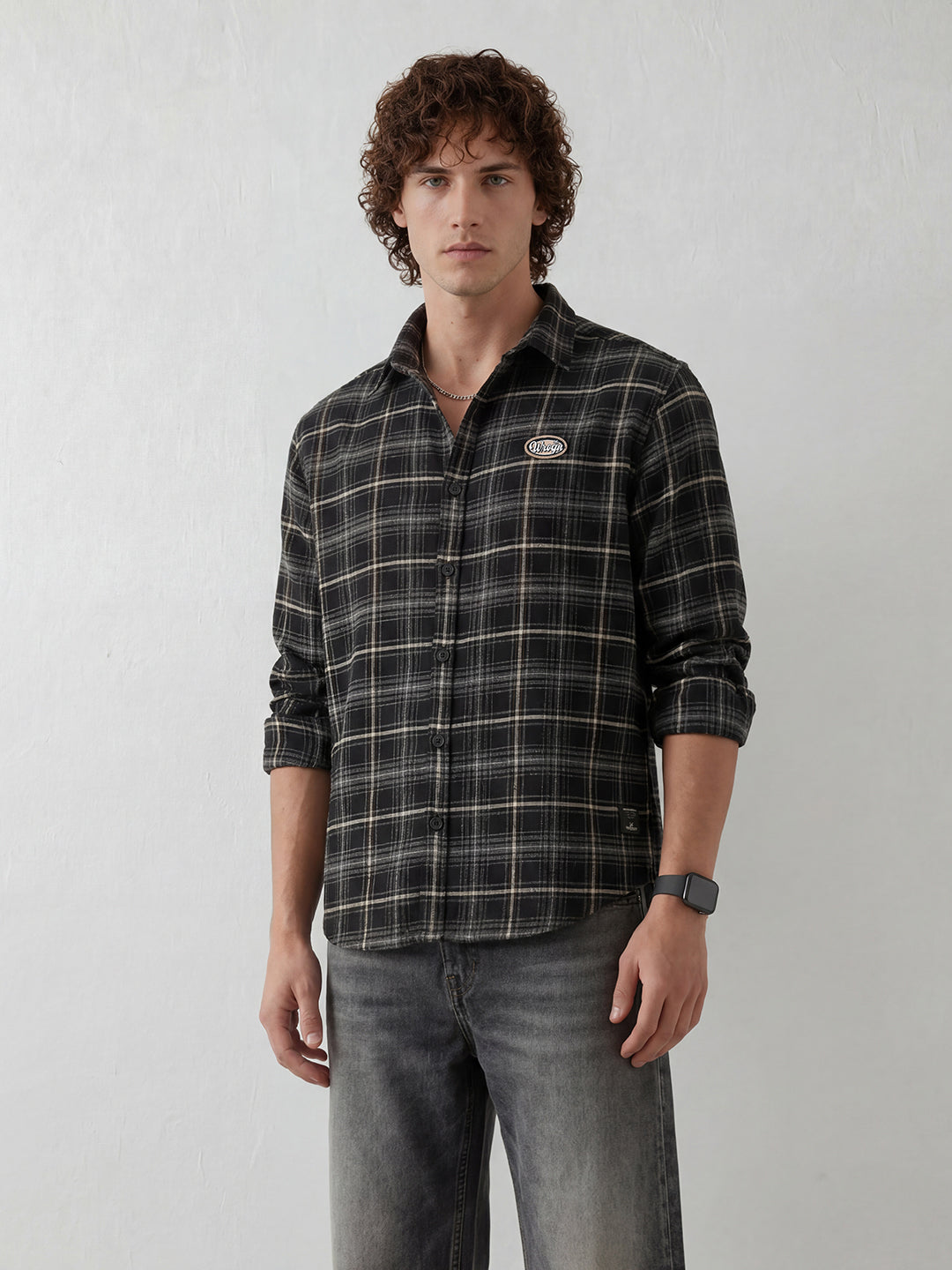 Smart Casual Check Shirt with Embellished Badge Accent | Black