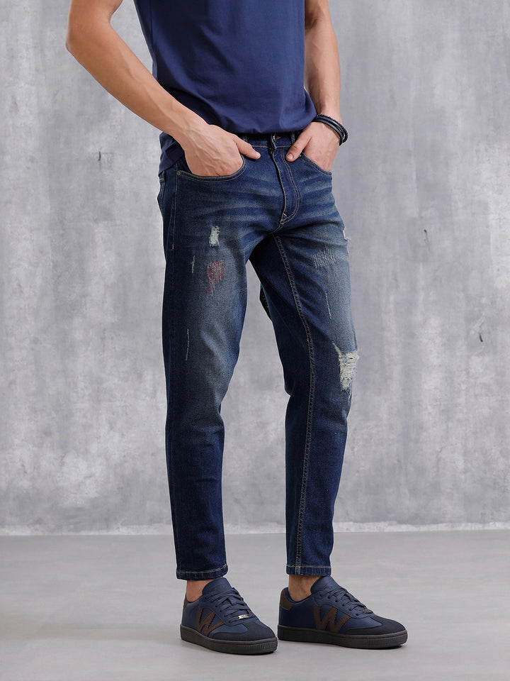 Solid Skinny Crop Distressed Jeans | Blue