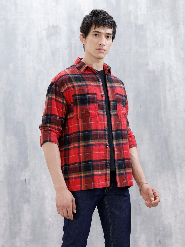 Wrogn Men's Checked Oversized Shirt | Red