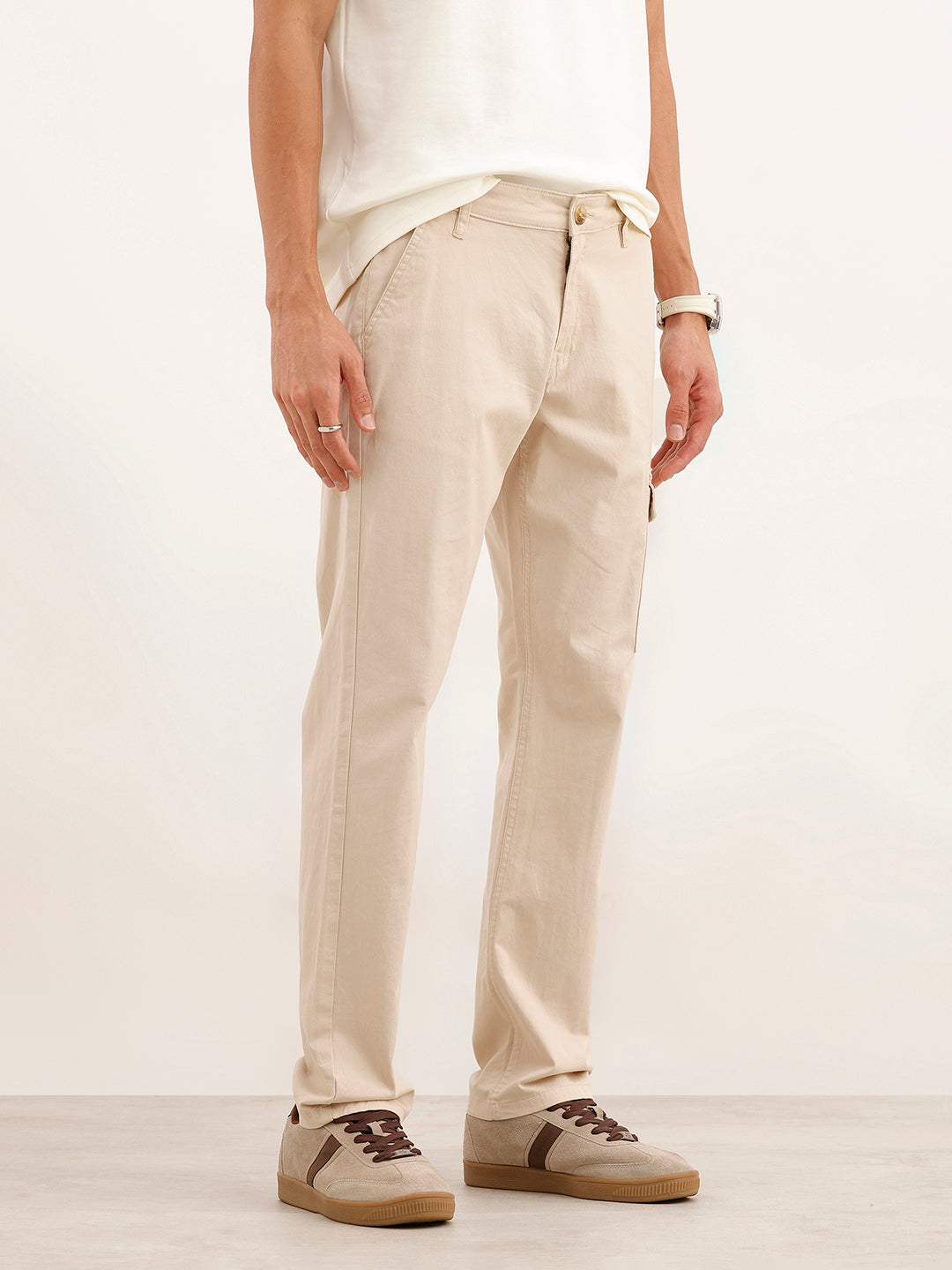 Solid Straight Fit Cargo Trouser | Beige