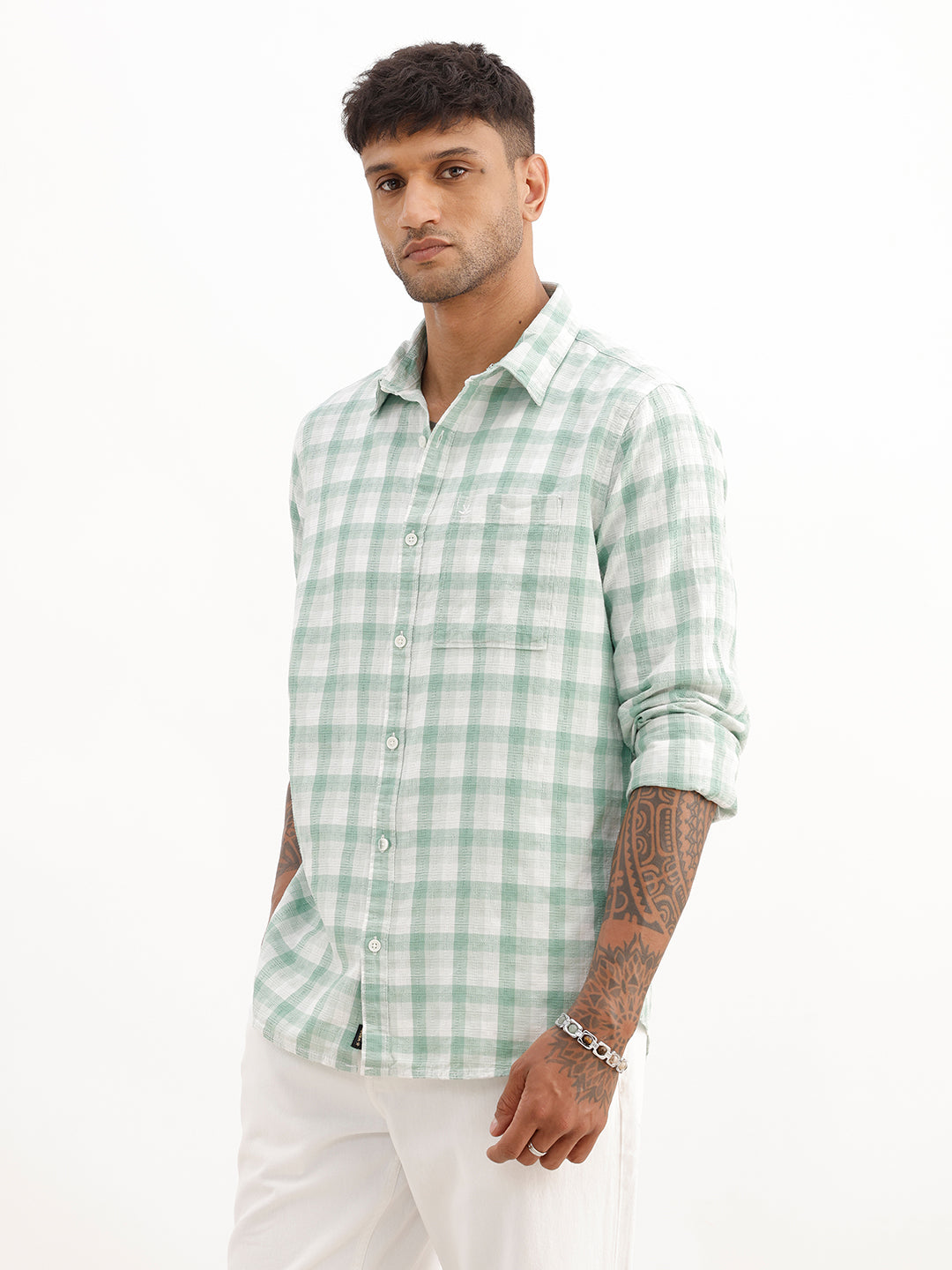 Textured Slim Fit Full Sleeve Shirt | Green