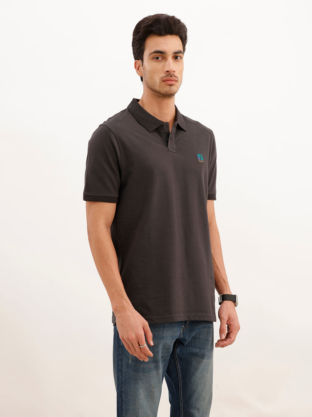 Slim Fit Emroidered Patch Detail Polo T-Shirt | Grey