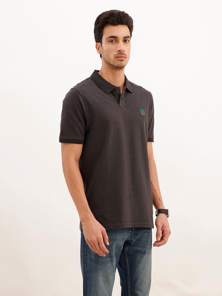 Slim Fit Emroidered Patch Detail Polo T-Shirt | Grey