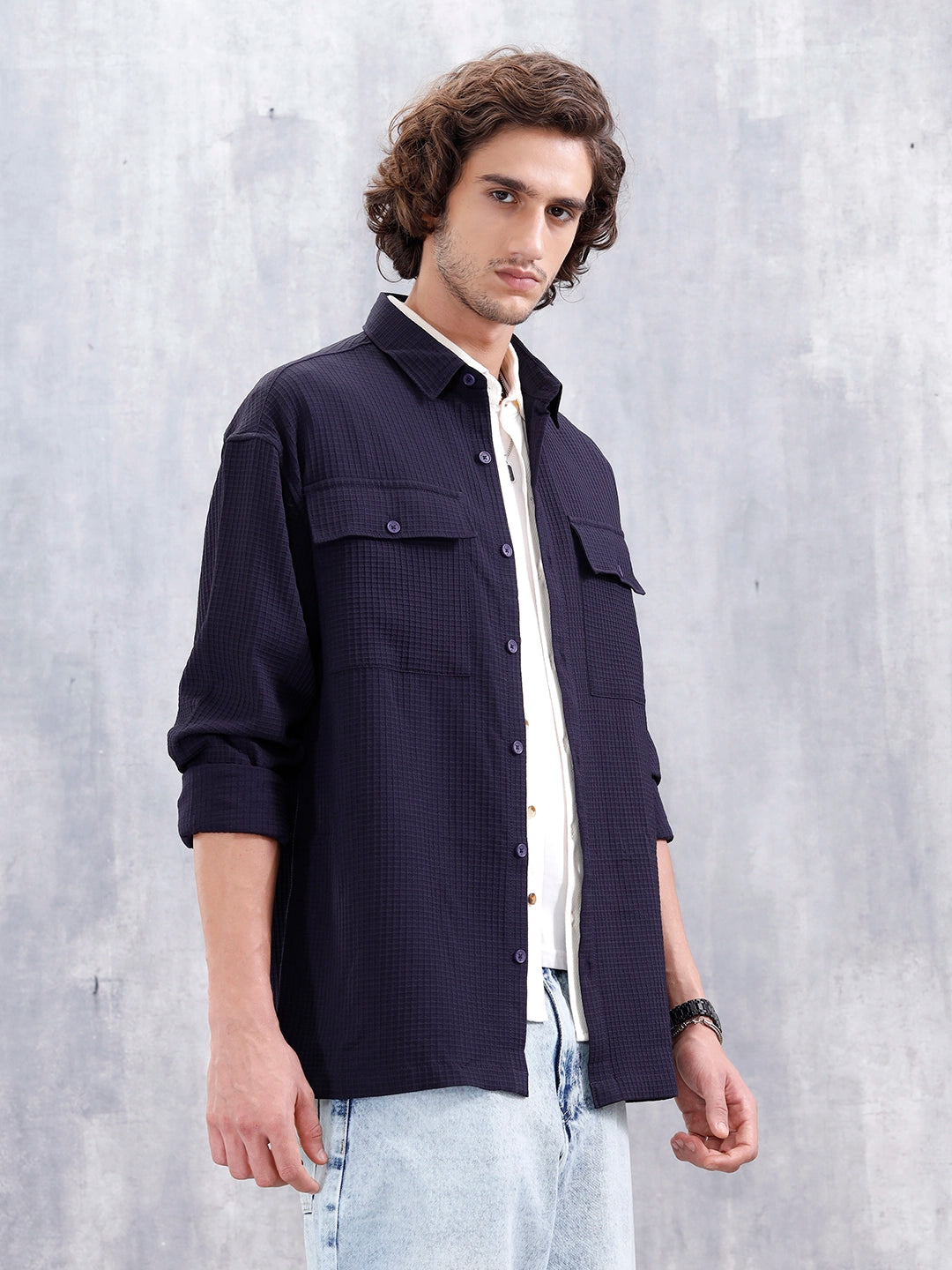Men's Casual Solid Double Pocket Oversized Fit Shirt | Black