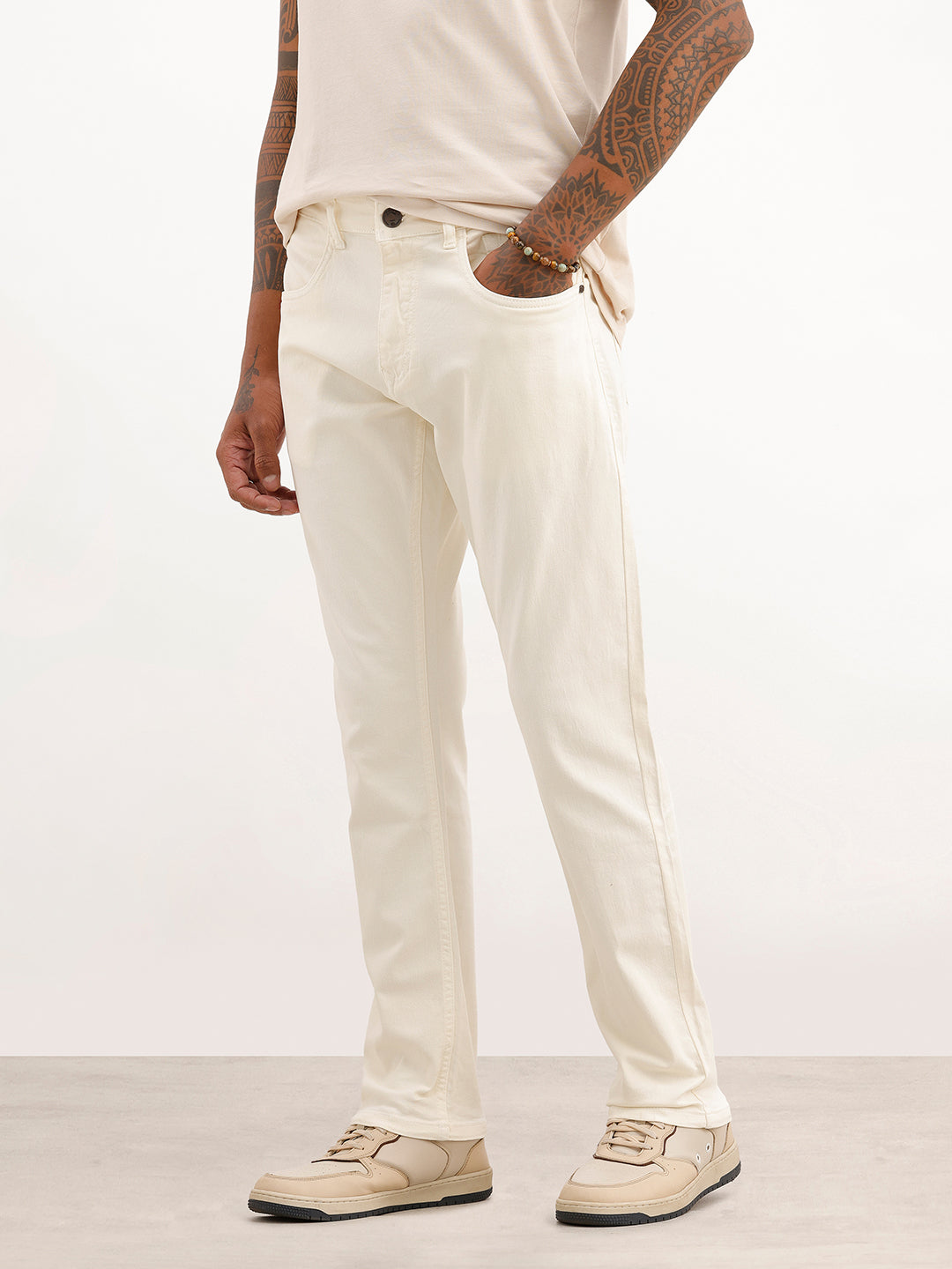 Solid Relaxed Fit Denim Jeans | Beige
