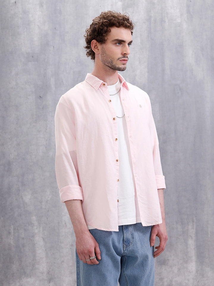 Solid Linen Blend Slim Fit Shirt | Pink