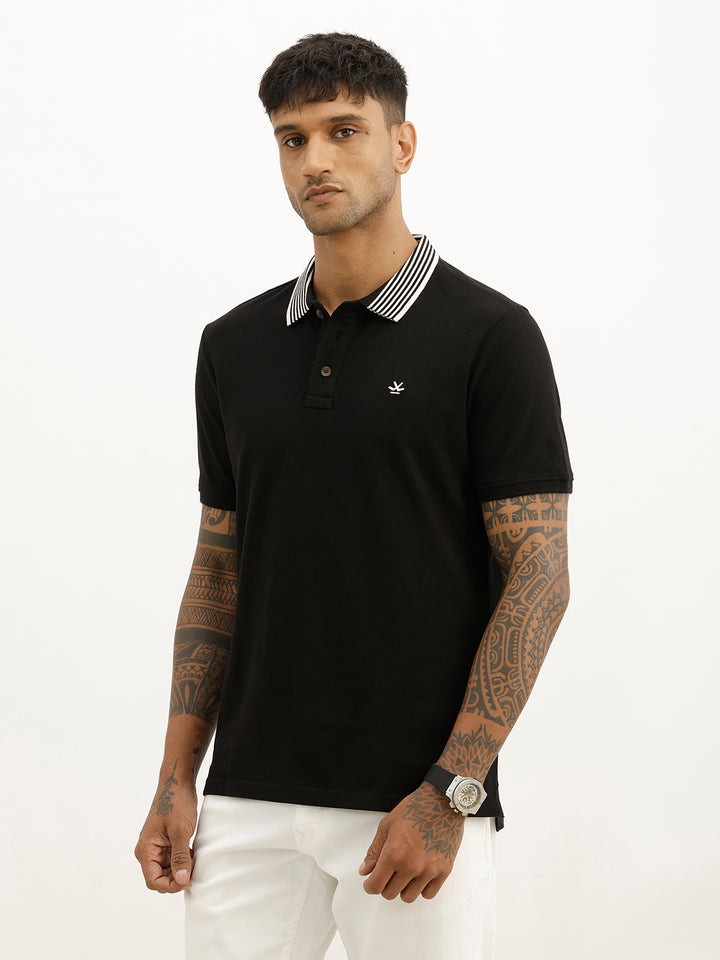 Regular Fit Contrast Collar Polo T-Shirt | Black
