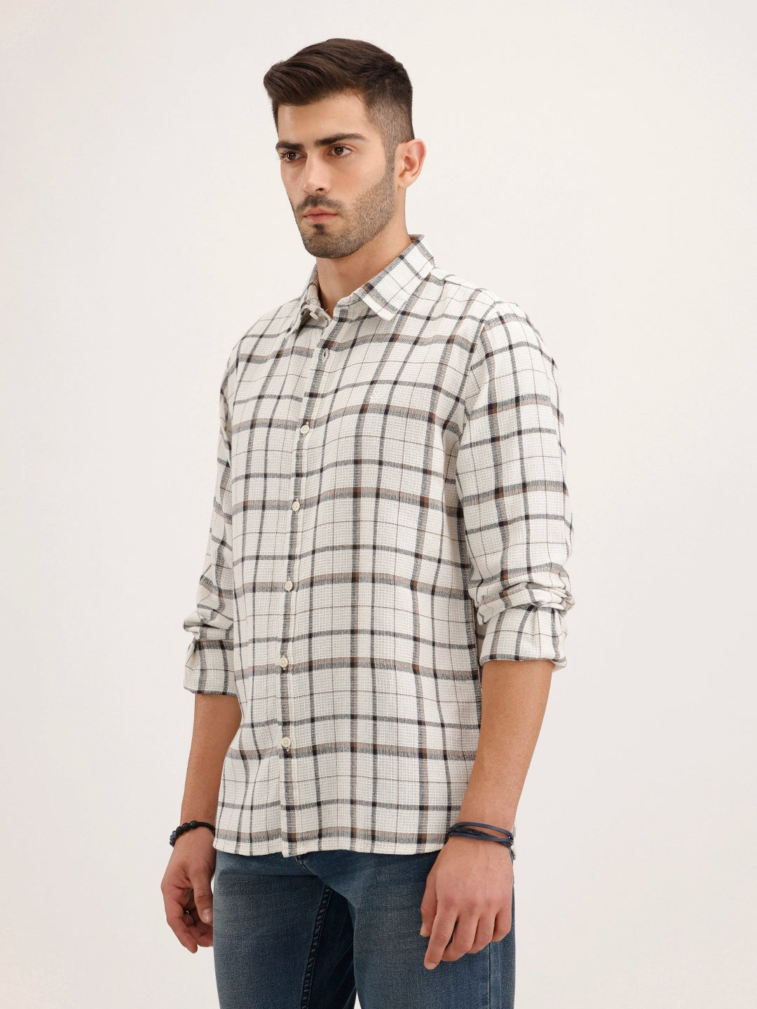 Textured Regular Fit Chackered Shirt | Off White