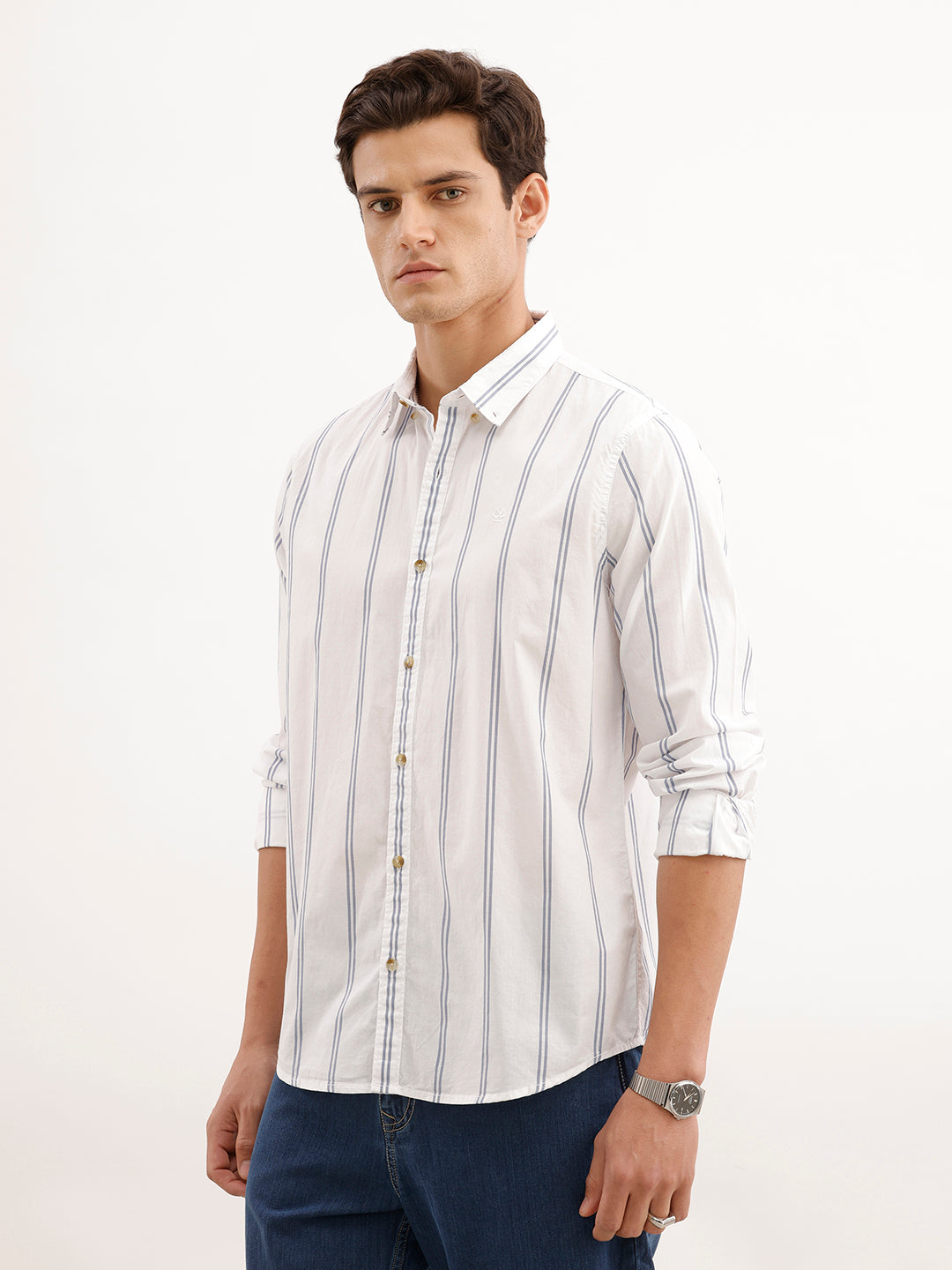Slim Fit Striped 100% Cotton Shirt  | White