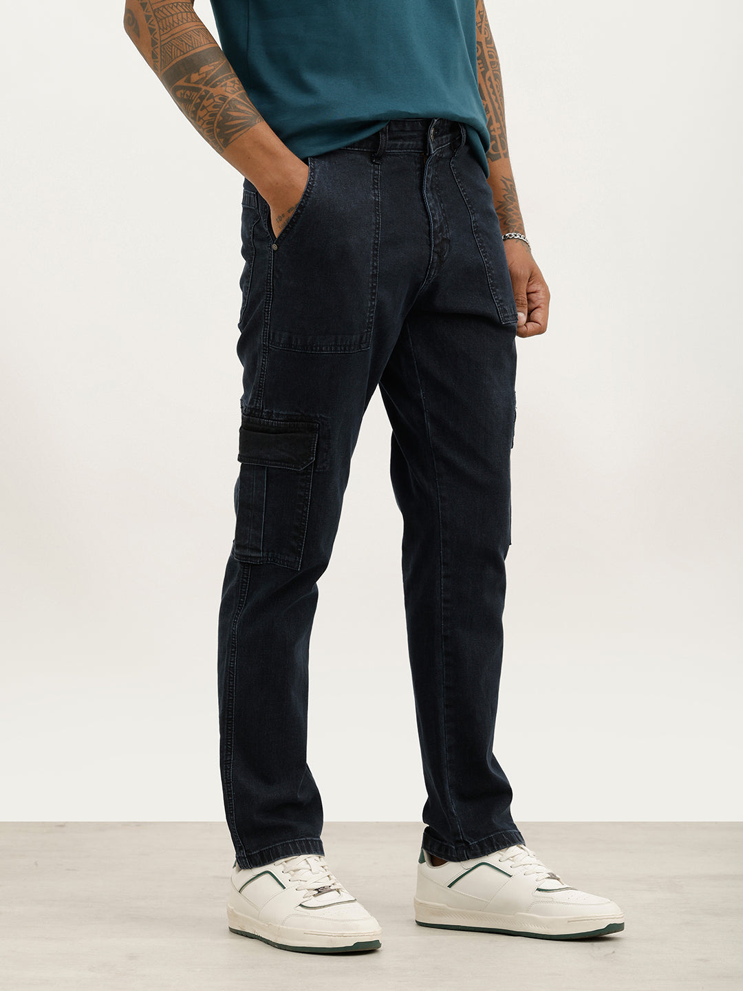 Washed Slim Fit Denim Cargo | Blue