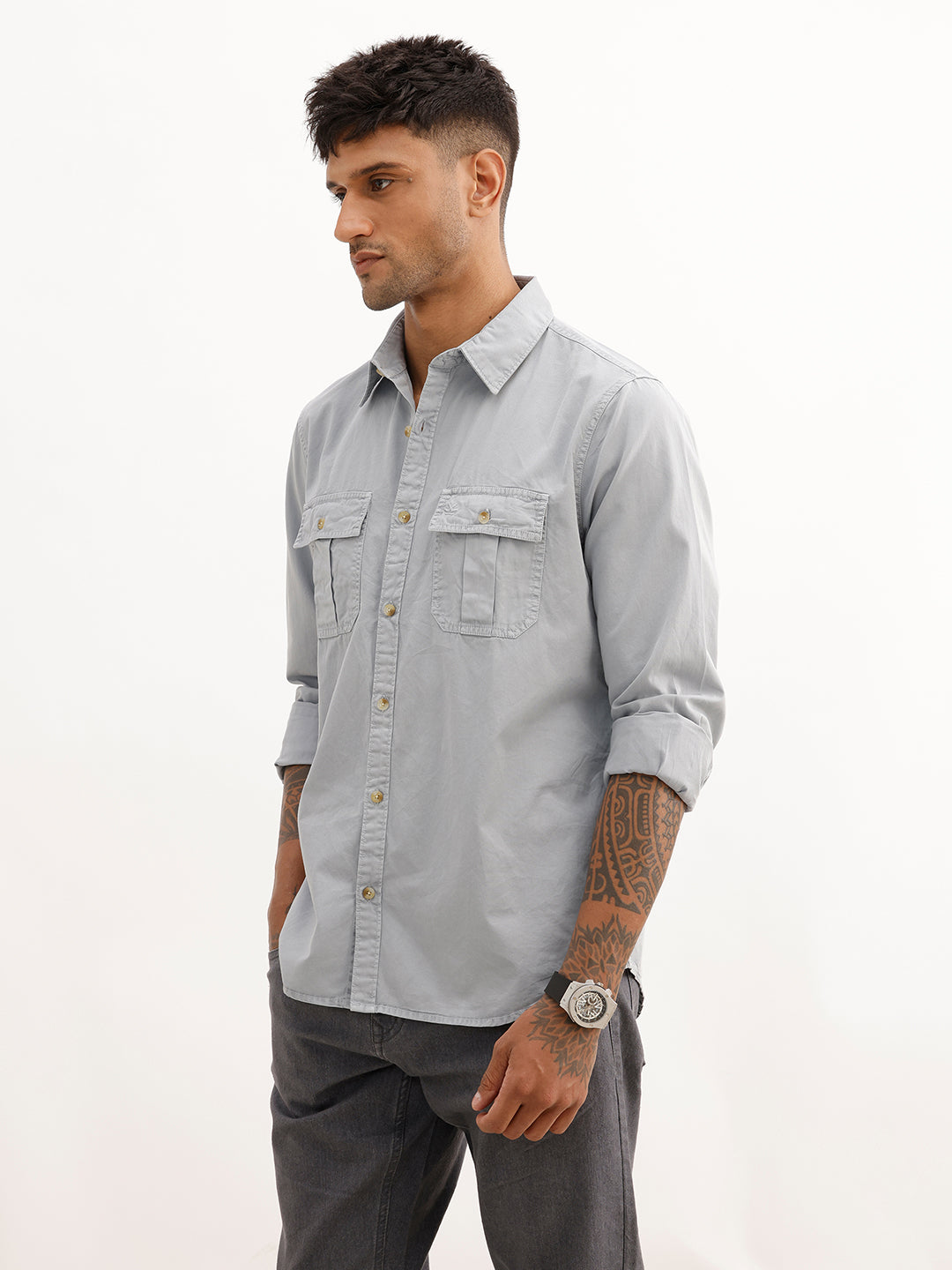 Solid Regular Fit Double Pocket Shirt | Grey