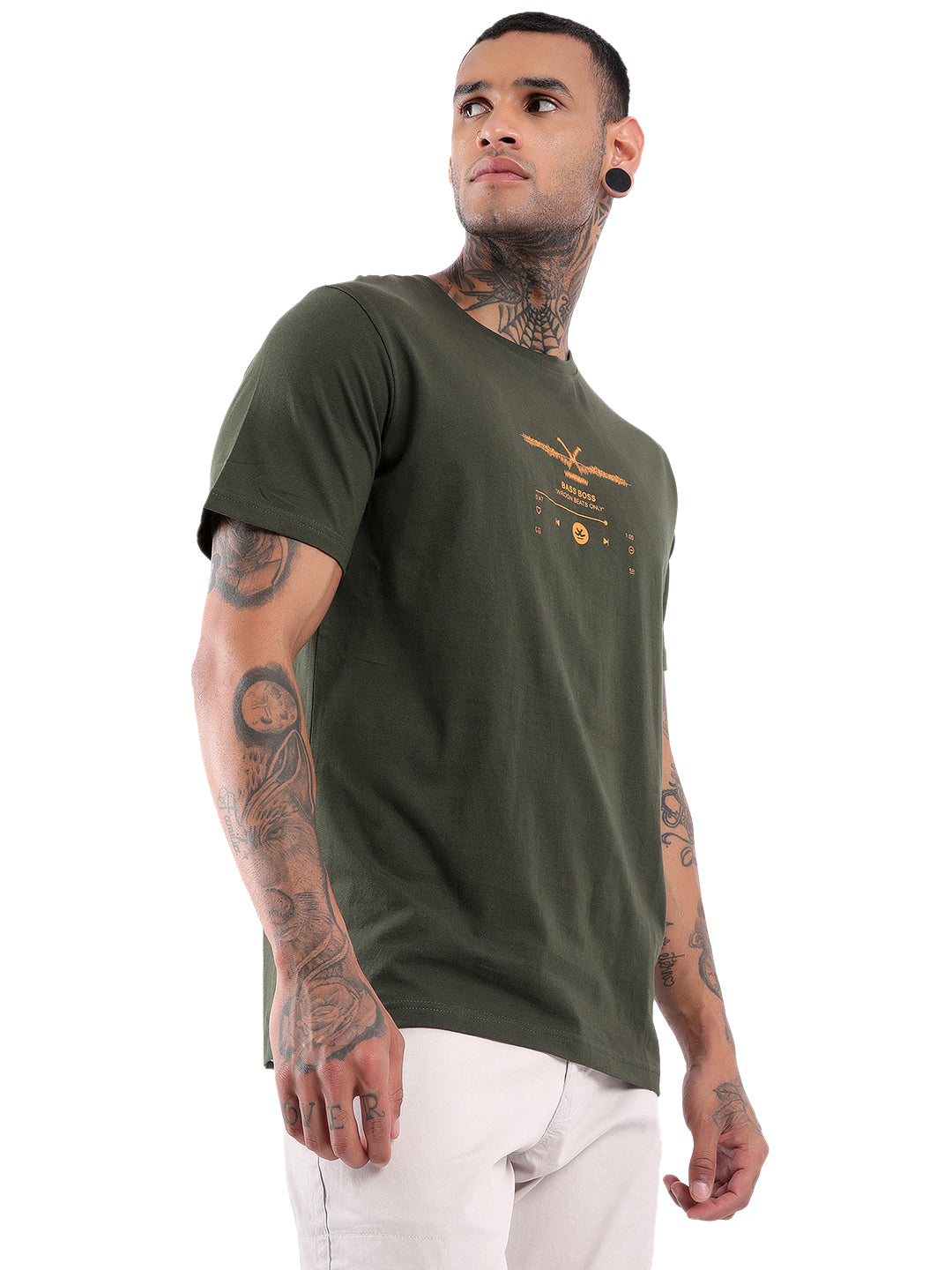 Wrogn Beats Printed Olive T-Shirt