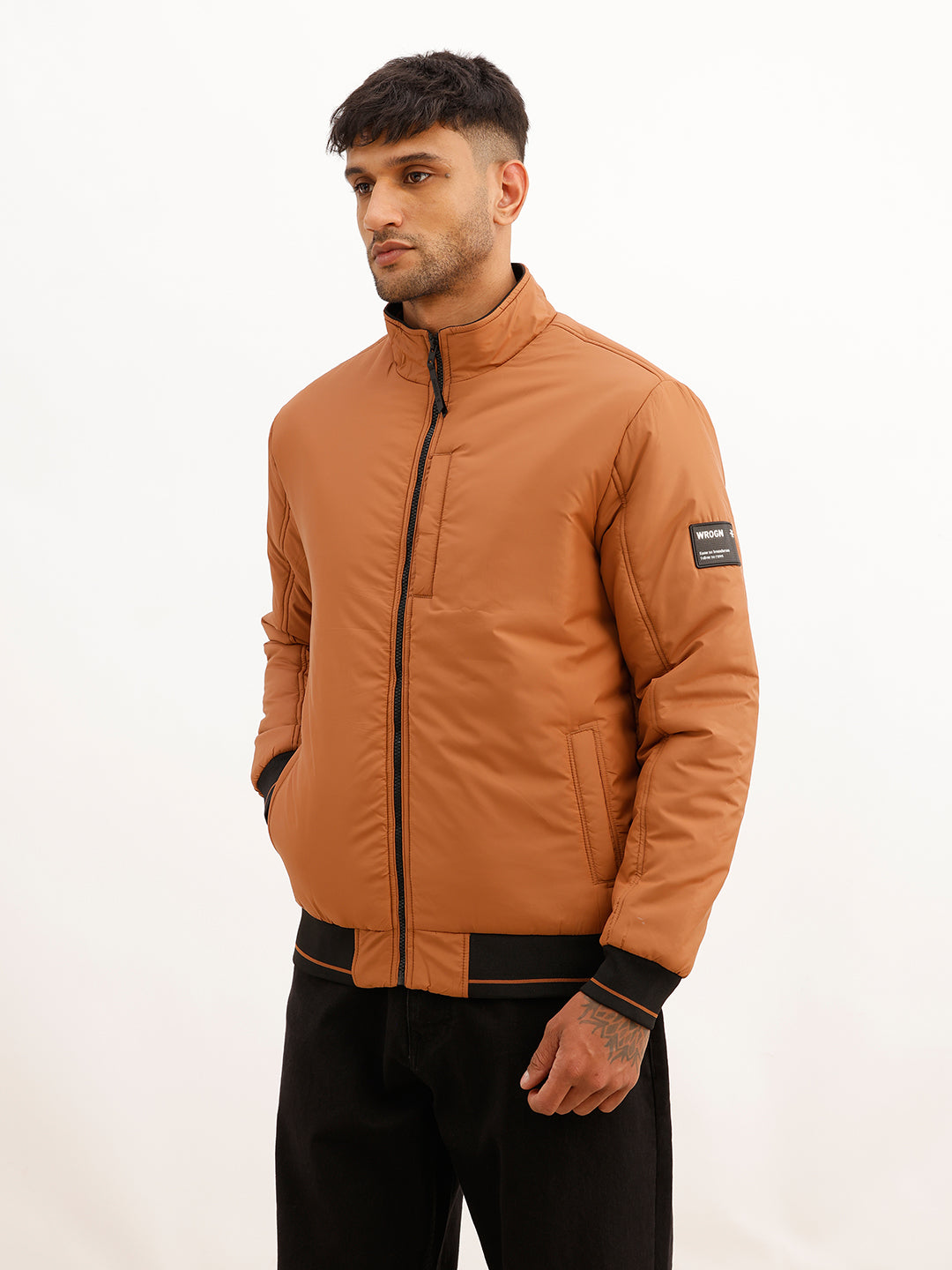 Solid Regular Fit Puffer Jacket | Brown
