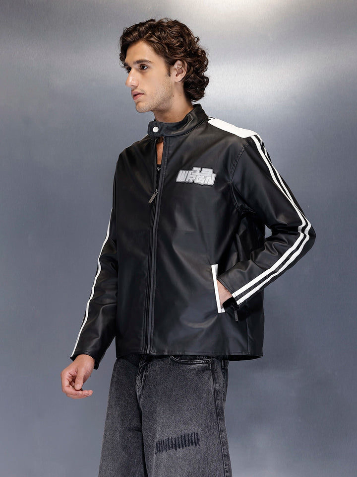 Men’s moto-style jacket with contrast stripes | Black
