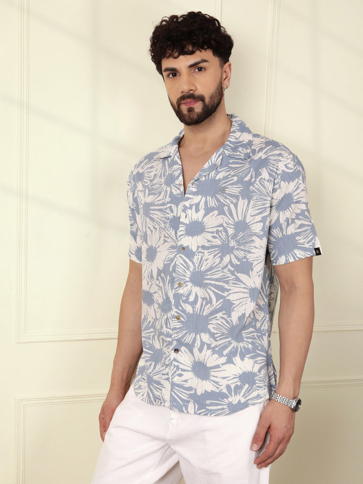 Floral AOP Viscose Slub Shirt | Blue