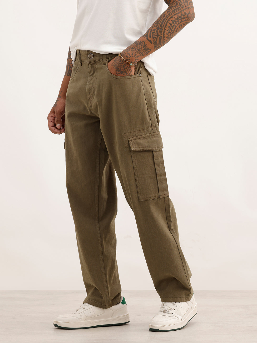 Loose Fit Solid Denim Cargo | Olive