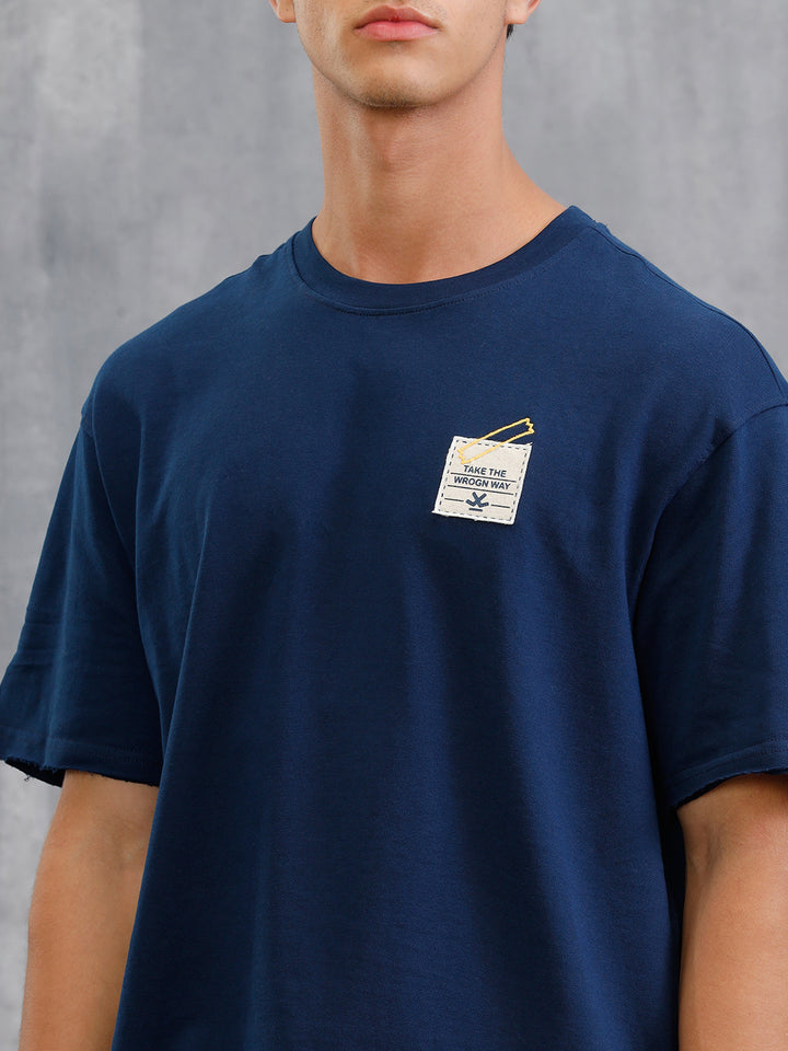 Solid Oversized T-Shirt With Printed Canvas Patch And Raw Edge Detail  | Navy Blue