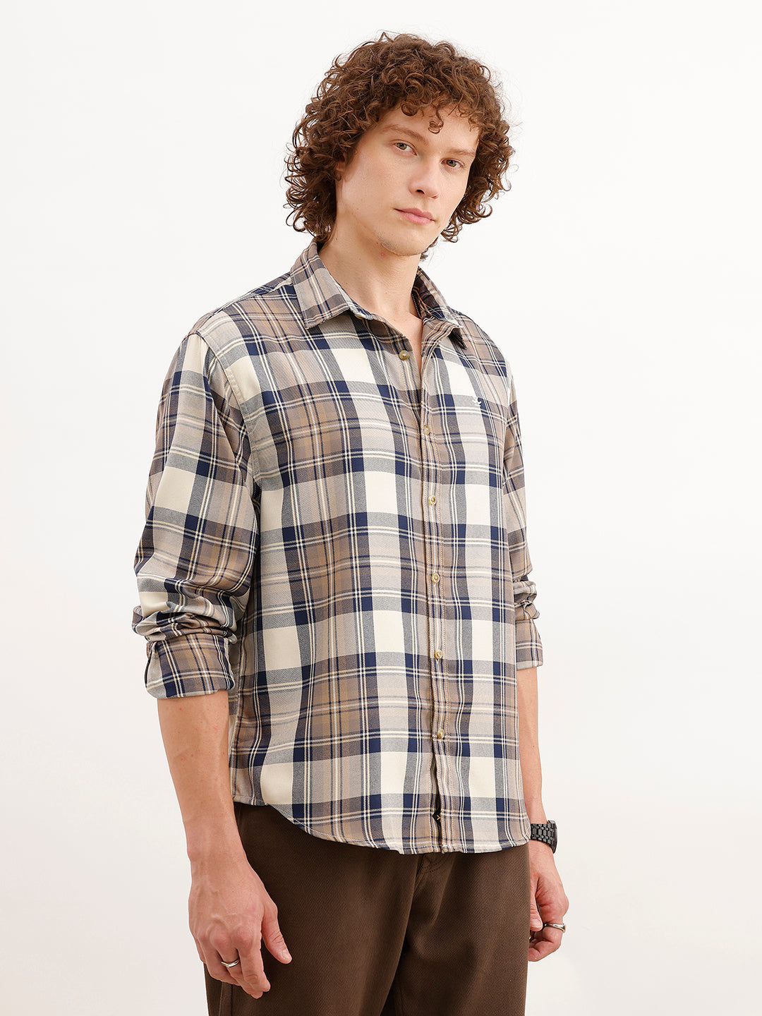 Comfort Fit Full Sleeve Checkered Shirt | Beige