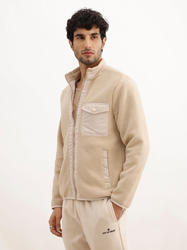 Solid Regular Fit Sherpa Jacket | Beige
