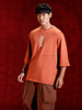 Men’s oversized 3/4 sleeve T-shirt with chest print & tonal stich detail | Rust