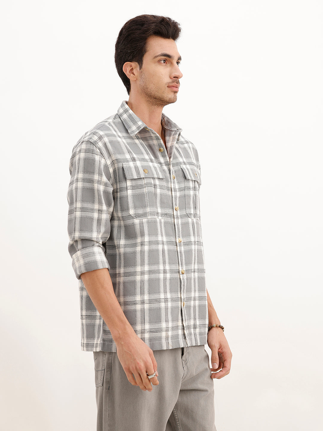 Oversized Grindle Structured Check Double Pocket Shirt | Grey