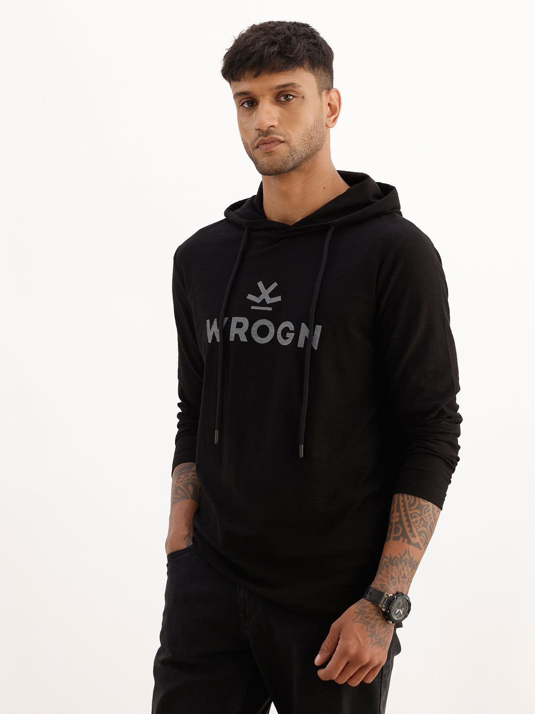 Classic Slim Fit Placement Printed Hooded Sweatshirt | Black