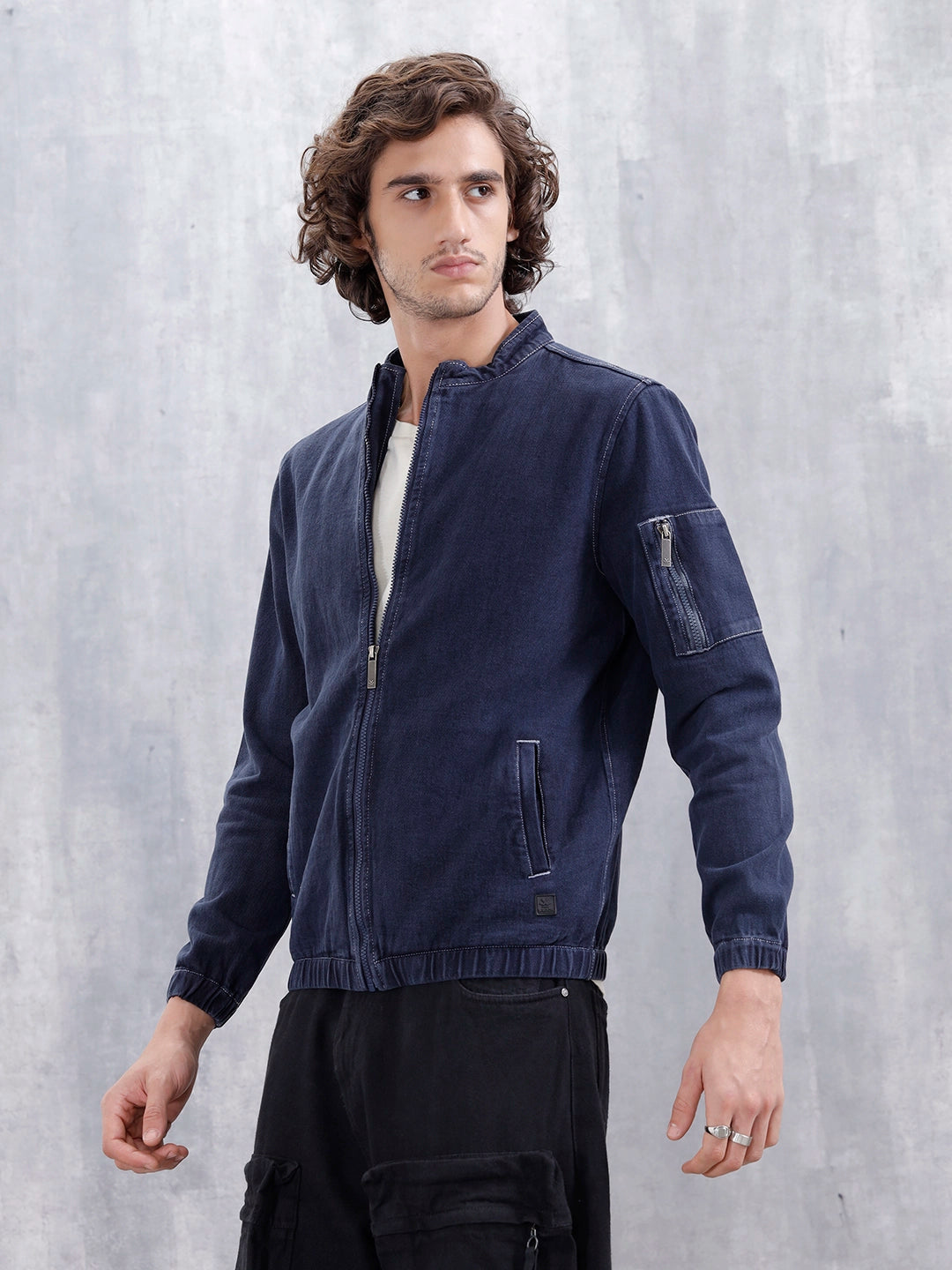 Washed Casual Men Denim Bomber Jacket | Blue