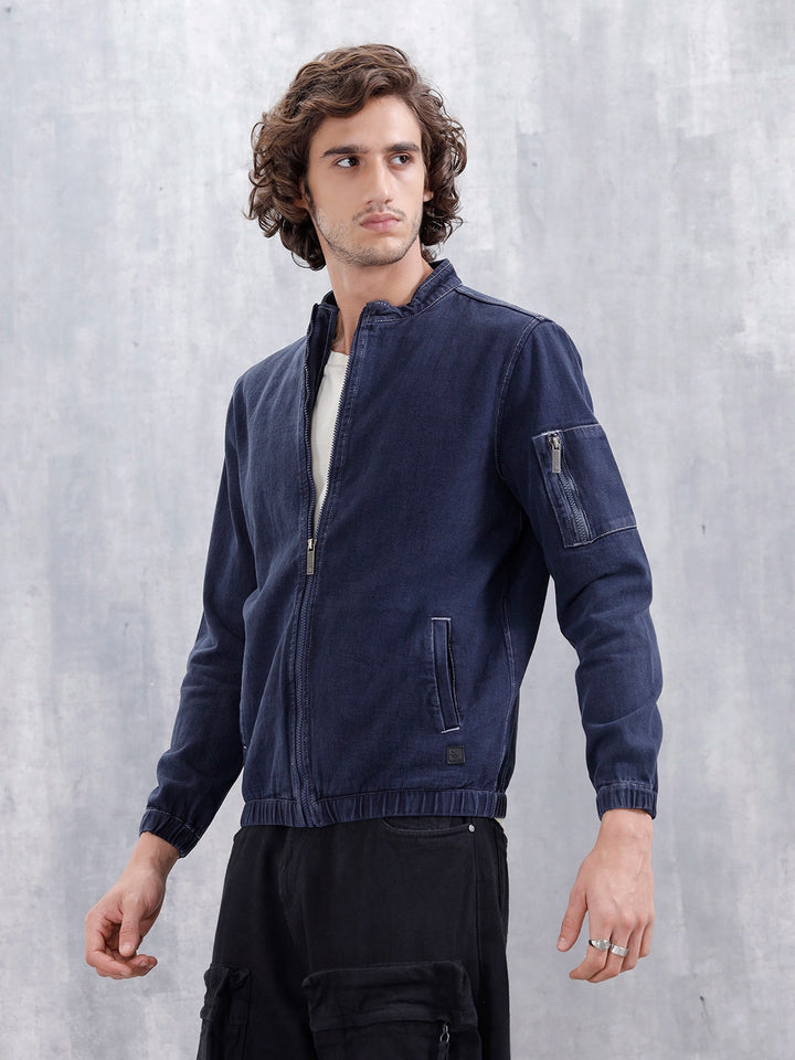Washed Casual Men Denim Bomber Jacket | Blue