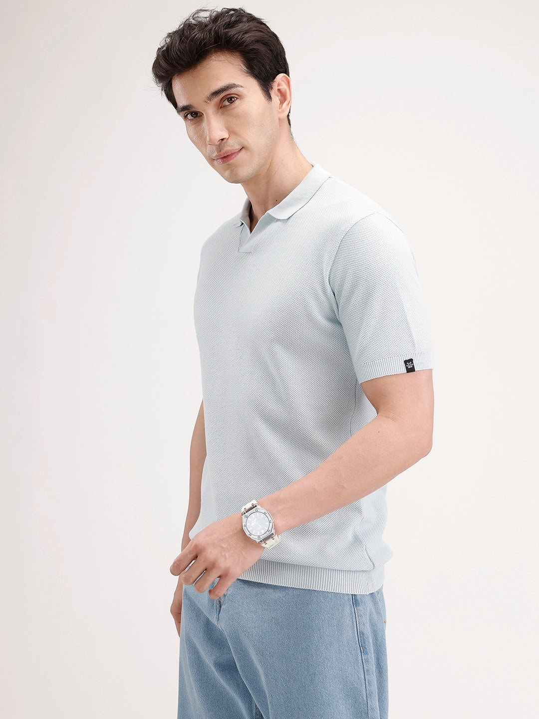 Slim Flat Knit Polo T-Shirt | Light Blue