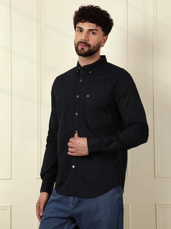 Solid Cotton Blend Stretch Shirt | Navy Blue