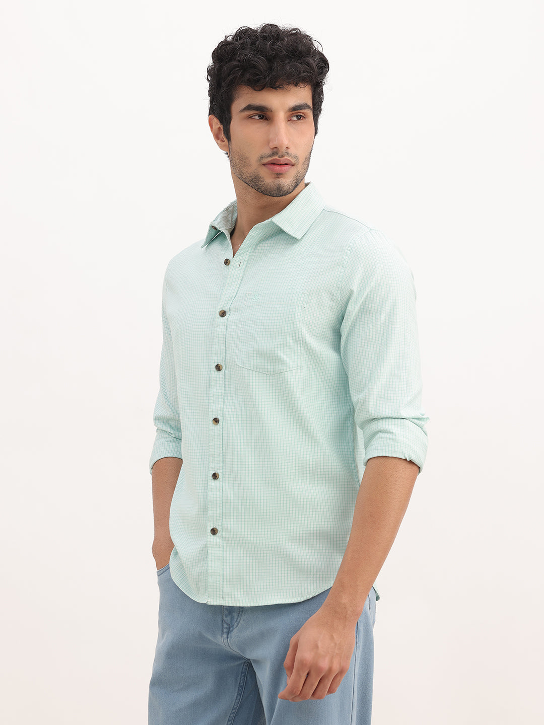Regular Fit Checkered Full Sleeve Shirt | Light Green