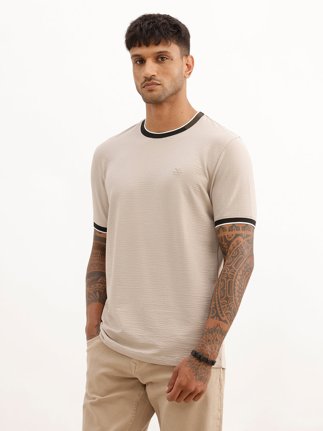 Slim Fit Textured Contrast Collar T-Shirt | Beige | WTS02HSSL1221S