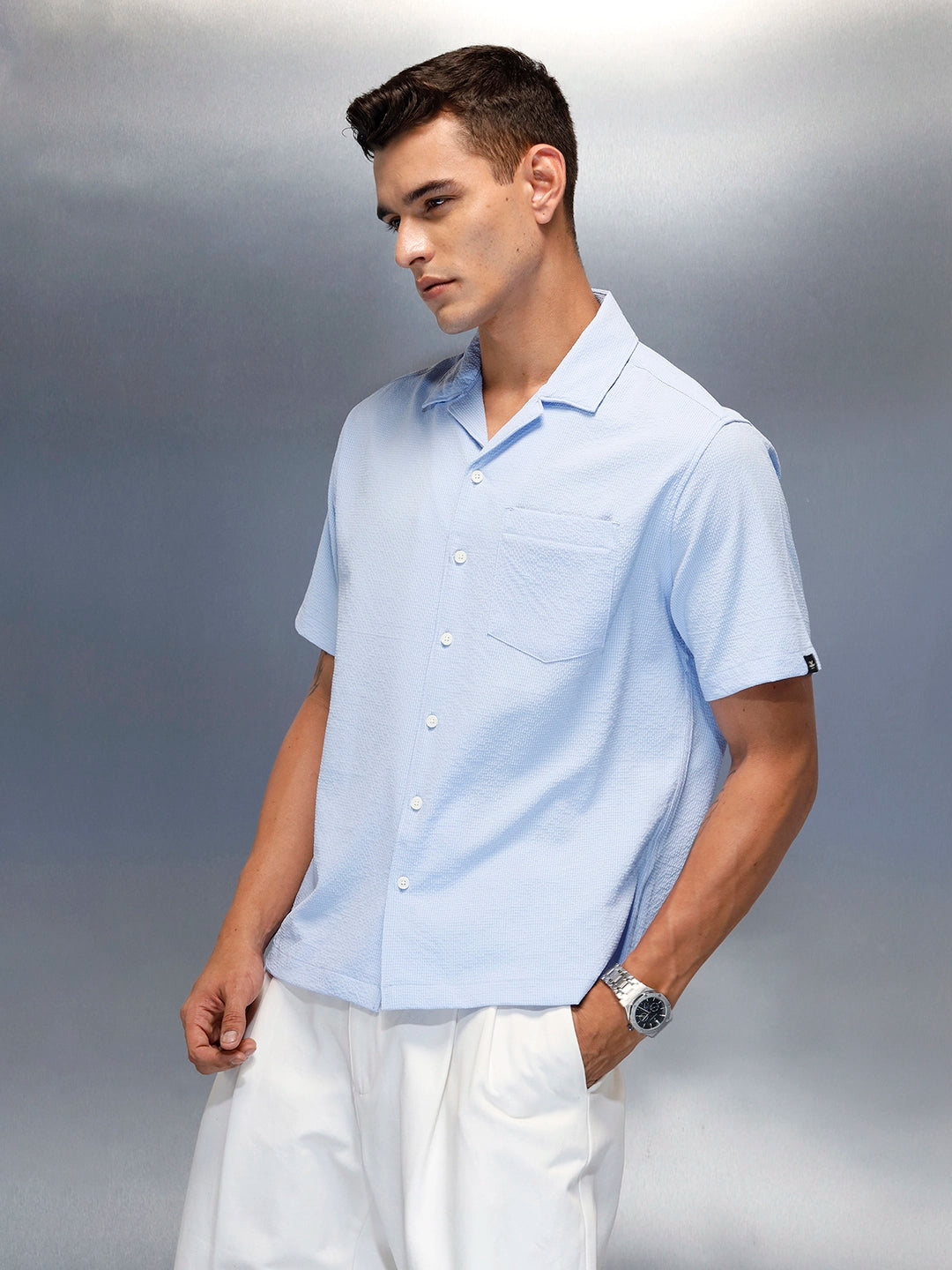 Textured Men's Casual Resort Collar Shirt Blue - Main Image