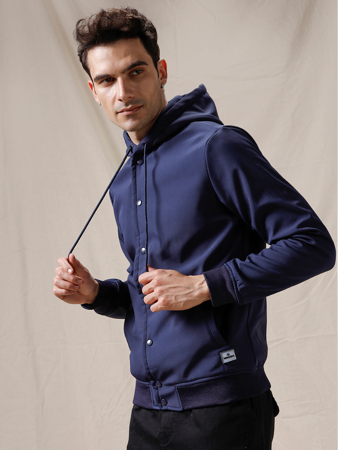Solid Blue Button Up Hooded Jacket