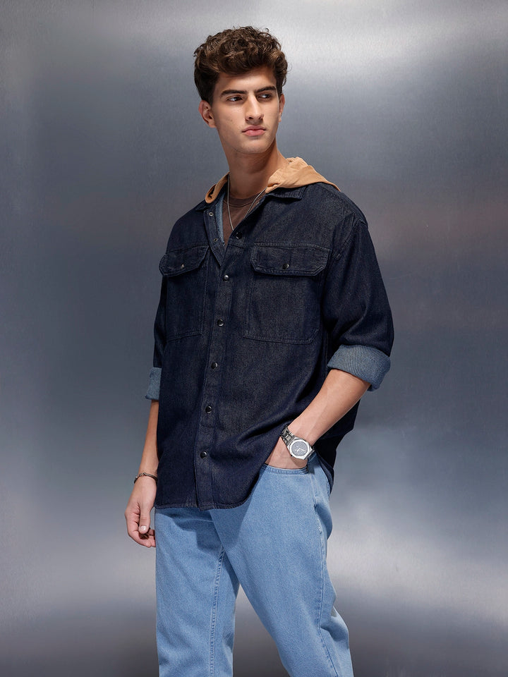 Back Printed Hooded Shirt  | Blue